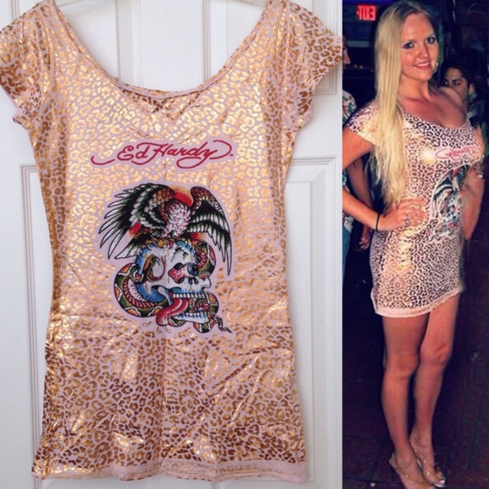Ed Hardy Metallic Lamé Leopard Cheetah Mini Dress - Picture 8 of 9